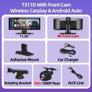 Jansite 11.26 Inch Screen Dash Cam 4K Wireless Carplay Android Auto 5G WIFI GPS Navigation Car DVR Rearview Camera BT FM AUX