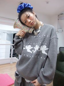 TakeCare Island Angel Embroidered Long Sleeve round Neck Hoodie Womens Loose Fit Sweatshirt Comfortable Breathable Casual Top