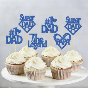 YOMDID 24Pcs Fathers Day Cake Toppers Glitter Fathers Day Cupcake Toppers Cake Decorations for Dad Birthday Fathers Day Gift