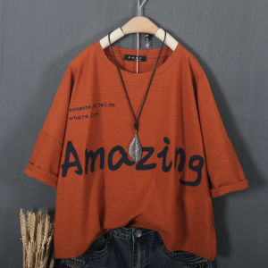 Retro Artistic Summer New Pure Cotton Letter Short Sleeve T-Shirt Womens Colorful Vintage Style round Neck Short Length Top