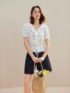 INMAN | French V-Neck Ruffle Hem Embroidered Shirt