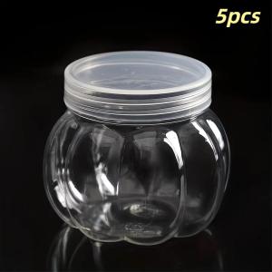 ♬5/10pcs Pumpkin Jar Transparent Plastic Candy Jars With Lid Halloween Parties Candy Boxes Snack Cookies Grain Tea Organizing