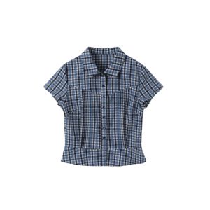 YUEZHONGWEI | Retro American Blue Plaid Polo Neck Short Sleeve Shirt Women Summer New Waist Slim Short Top Button Design Korean Style Commute