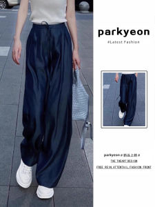 Deep Blue Silk Casual Wide Leg Pants Women Summer Thin Ice Silk High Waist Belted Straight Long Pants Drapey Loose Fit Trousers