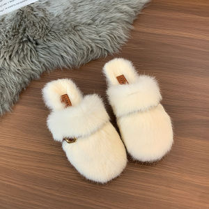 Real Rabbit Fur Baotou Chunky Heel Fur Shoes Female Outwear 2024 Winter New Arrival Best Selling Woolen Slipper K-style Fashion Cotton Slippers
