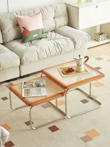 Vintage Wicker Coffee Table Small Apartment Combination Glass Side Table Living Room Sofa Table Artistic Style Metal Frame
