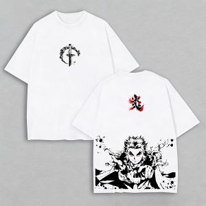 Bandai | Mens Demon Slayer Rengoku T-Shirt White Cotton Anime Flame Pillar Graphic Black Accent Print Casual Tee for Otaku Daily Wear