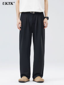 UKTK Mens Black Straight Leg Pants New Commute Autumn New Style Small West Pants Loose Fleece Lined Versatile Suit Casual Pants
