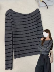 HUOLISI | Striped Off-Shoulder Knitted Sweater