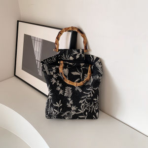 New Chinese Style Embroidered Canvas Handbag Large Capacity Lunch Box Ladies Bag Bamboo Handle Fashionable Artistic Tote