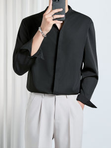 เสื้อเชิ้ตคอตั้งชายหลวมแขนยาวทรงหลวมสไตล์ลำลองสำหรับฤดูใบไม้ผลิและฤดูใบไม้ร่วง