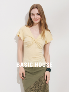 Basic House | Knot Detail V-Neck Slim Fit Regular Shoulder Summer T-shirt