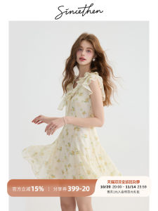 ชุดเดรสผู้หญิงสั้นลายดอกไม้สไตล์ฝรั่งเศส ช่วงฤดูร้อน กระโปรงทรงเอเอวสูง แขนสั้น ผ่าหน้าด้วยซิป ชุดเดรสสไตล์เจ้าหญิง