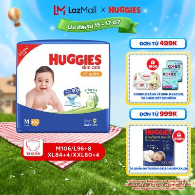 Tã quần Huggies Skincare Mega Jumbo M106/L100+4/XL84+4/XXL76+4 với tràm trà dịu da