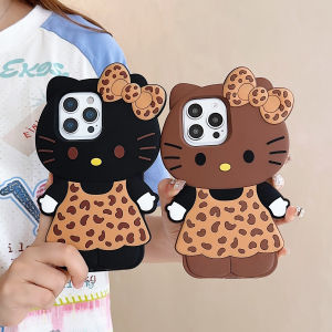 Cute INS 3D Hello Kitty Phone Case For iPhone 17 16 15 14 13 12 Pro Max Plus 17 Pro Air Leopard Print Dress Cartoon Kitty Case