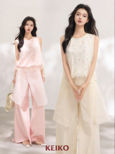KEIKO | Shimmering Butterfly Chiffon Splicing Summer Halter Top with Ruffle and Waist Shaping Sleeveless Round Neck