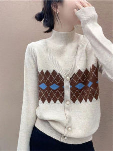 Fashion Elegant Semi-high Neck Diamond Pattern Layered Long Sleeve Knitwear