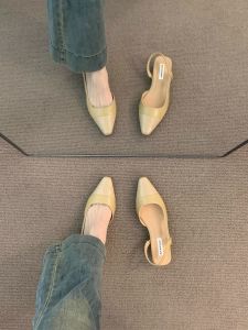 Elegant French Style Pointed Toe Low Heel Sandals Womens Gentle Late Night Single Shoes Fashionable Smooth Leather Uppers