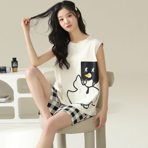 MiiOW | Pure Cotton Summer Lightweight Sleeveless Cat Woman Sleepwear Casual Shorts Home Clothes Set Comfortable Breathable Nightgown