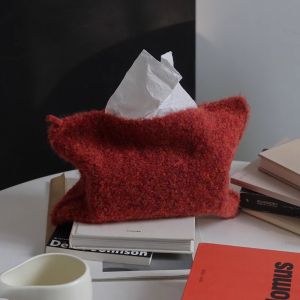 Retro Knitted Red Napkin Box Living Room Bedroom Drawstring Paper Towel Holder Home Desktop Storage Box Fabric Car Napkin