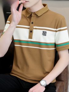 HENGYUANXIANG | Breathable Casual Short Sleeve Polo Shirt Mens Turn-down Collar Striped Top Fashionable Summer T-shirt Standard Fit Cotton Polyester Blend