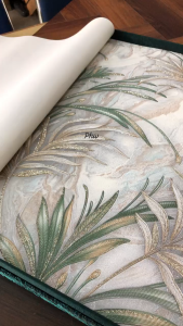 Wallpaper Dinding Daun Palem Glitter Hijau Coklat Cream Tekstur Mewah Lux