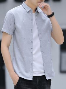 ROMON | Romon Mens Short Sleeve Shirt Summer Thin Casual Business Print Slim Fit Trendy Iron Free Shirt Jacket Polyester Rayon Cotton Blend