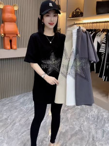 ZhanChao Brand Pure Cotton Short Sleeve T-Shirt Womens Summer Loose Mid-Length Top Star Pattern Creative Design Korean Style