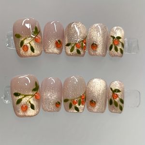 10 Móng Tay Giả Hình Vuông Ngắn Màu Cam Óng Ánh Ép Tay Thủ Công Dành Cho Nữ Trang Trí Giáng Sinh Chất Liệu Nhựa Resin