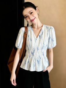 SHUAIYUE | Áo Sơ Mi Ngắn Tay Dáng Xòe Cổ V Hoa Văn Đa Năng