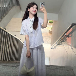 Korean Style Polka Dot Shirt Dress Women Summer New Arrival Sweet Two-Piece Set Gentle Long Dress A-Line Skirt Short Sleeve