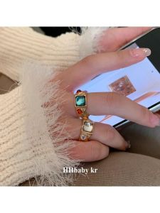 American Retro Color Gemstone Ring Unique Design Stackable Finger Ring Fashion Jewelry for Women Alloy Plated Silver Gold