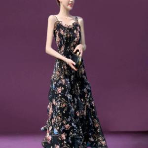 Summer New Floral Lace Dress French Strap Long Slimming Skirt High Waist A-Line Gown Korean Style Printed Design No-Sleeve Maxi