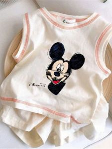 Pure Cotton Summer Thin Two-Piece Set for Babies Boys And Girls Loose Fit Sport Style Cartoon Print Vest And Shorts Ensemble