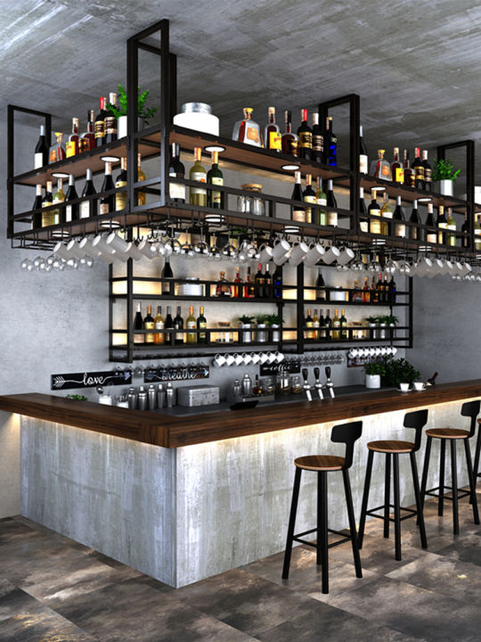 Hanging Rack Bar Cart With Hanging Wine Glasses Industrial Style