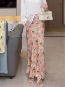 MANMI | Váy Dài Mermaid Chất Liệu Satin Màu Hồng Mới Mùa Hè Phong Cách Nghỉ Dưỡng Thoải Mái Cao Waist