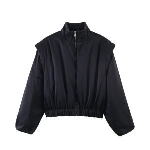 KLKXMYT Fashion Satin Cropped Bomber Jackets For Women 2026 Spring Casual Stand Collar Puff Sleeve Zipper Lady Streetwear Coat