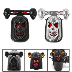 Motorcycle LED Skull Taillight With Turn Signal Rear Brake Light Black/ Chrome Skeleton Style Modified Blinker Indicator Lamp