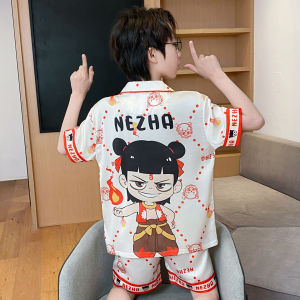 Ice Silk Summer Pajamas Short Sleeve Lightweight Childrens Sleepwear Boys Home Clothes Breathable Comfortable Polyester Fiber