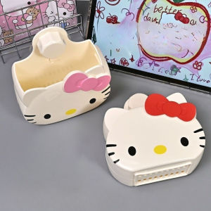 Cute Hello Kitty Bathroom Organizer Self Adhesive Wall Mounted Toothbrush Holder Shelf for Shower Cosmetics Storage Accessories