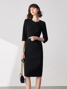 French Simple Black round Neck Seven Sleeve Dress Womens Spring Autumn New High Waist Slim Long Dress Commute Style Button Detail