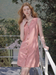 Peach Pink V-neck Sleeveless A-line Dress
