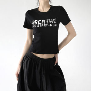 MUYUZI | Letter Print Short Sleeve Tee Slim Fit Crop Top