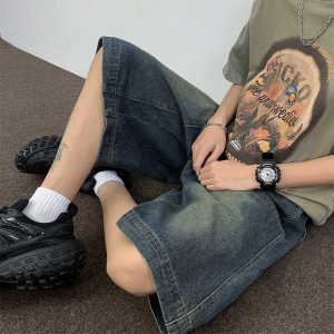 กางเกงขาสั้นยีนส์ทรงหลวมสไตล์อเมริกันย้อนยุคสำหรับผู้ชาย กางเกงขายาวทรงตรงหลวมๆ สำหรับใส่ทำงานในช่วงฤดูร้อน