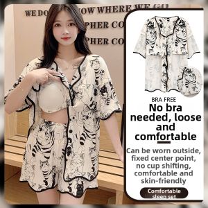 Womens Summer Sleepwear Set Pure Cotton Short Sleeve with Chest Pad Thin Short Pants Cardigan Home Clothes Sweet Style