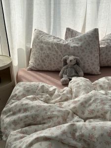 French Ins Korean Style Young Adult Pink Small Floral Washed Cotton Four-Piece Set Bed Sheet Pure Color Duvet Cover Dormitory Three-Piece Set