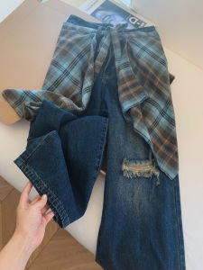 กางเกงยีนส์ขากว้างหลวมๆ สไตล์เกาหลี กางเกงยีนส์ทรงขากระบอกสองชิ้นแฟชั่นฤดูใบไม้ร่วง 2025 กางเกงยีนส์ทรงเข้ารูปสำหรับผู้หญิง