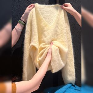 YUFUQING | Loose V-neck Knitted Sweater Womens Style Autumn Fashionable Versatile Loose Feeling Comfortable Yellow Color Commute Style