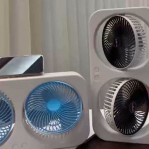 พัดลมพกพา 2 หัว ชาร์จ USB พร้อมแบตเตอรี่ลิเธียม 1800mAh ปรับความเร็ว 3 ระดับ เสียงเบา การหมุนเวียนอากาศในตู้/กลางแจ้ง ปุ่มควบคุม วัสดุพลาสติก สำหรับสำนักงาน หอพัก การแคมป์