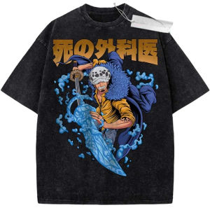 BANDAI | Áo Thun Oversize Vintage Chất Liệu Washed In Hình Trafalgar Law Màu Xanh Phong Cách Anime Graffiti Thời Trang Đường Phố Mặc Thường Ngày Cho Người Lớn